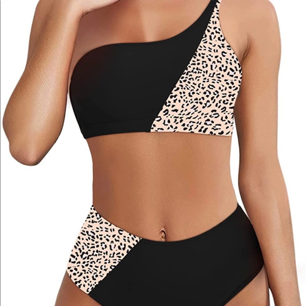 B2prity One Shoulder High Waisted Bikini Set Color Block Swimsuit. New Medium
